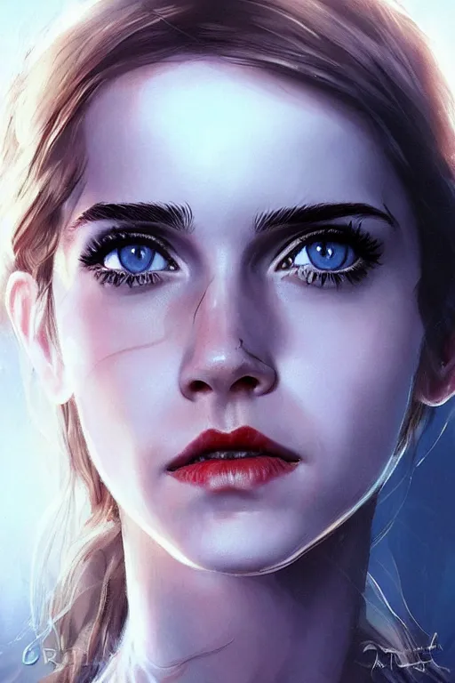 Prompt: emma watson with big eyes, beautiful eyes, blue eyes, green eyes, lovely eyes, red eyes, glowing eyes, by artgerm and greg rutkowski