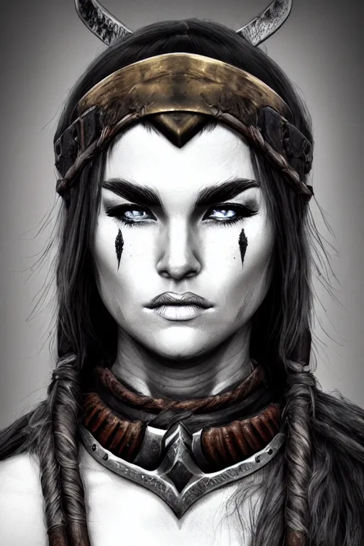 Prompt: head and shoulders portrait of a barbarian, female, high fantasy, dnd, cinematic