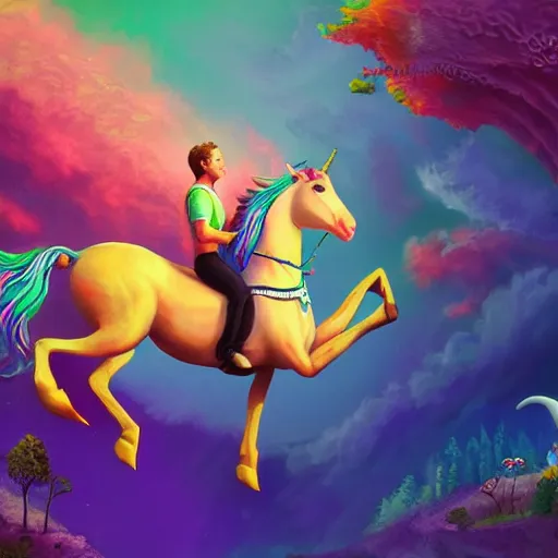 Image similar to mark zuckerberg riding a unicorn, pointing, wearing a crown, paradise landscape, vivid colors, pastelle, digital art, trending on artstation