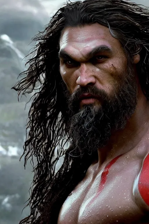 Image similar to film still from god of war, a highly detailed beautiful closeup photo of jason momoa!!!! kratos with long! windblown! wet hair! holding a sword and fighting zombies on a pile of human skulls, spartan warrior, olympian god, muscular!!!, masculine confident pose, ambient lighting, volumetric lighting, octane, fantasy