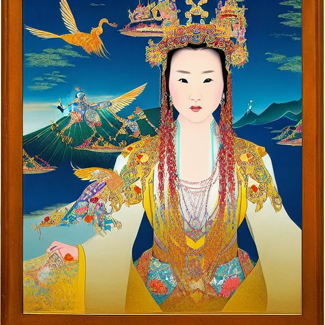 Prompt: in the art style of dittmann, anna, by dittmann, anna, portrait of a beautiful asian mongolian princess goddess spreading its wings, portrait of princess wearing a beautiful ornate crown, in the background lake baikal is seen