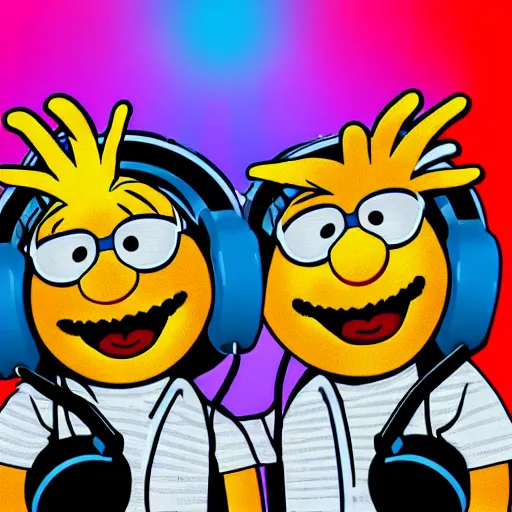 Image similar to svg sticker of a Pop-Wonder Bert&Ernie, Sesame-Street, at a rave, spinning records, giant headphones rocking out, wearing headphones, huge speakers, dancing, rave, DJ, spinning records, digital art, amazing composition, rule-of-thirds, award-winning, trending on artstation, featured on deviantart