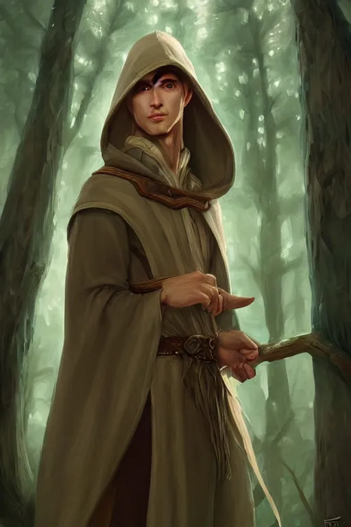 Image similar to beautiful, digital art, portrait painting of a male elf wizard, wearing linen hooded cloth. forest background. artstation, by bartek fedyczak, erak note, tooth wu, neil richards, kan liu, siwoo kim, jisu choe