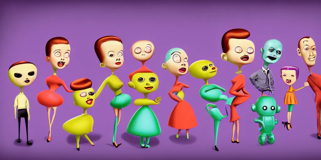 Prompt: Smooth Colorful Digital Painting by Mark Ryden in a 1950s atom-age Jetsons cartoon city, a group of 3D retro smiling dancing plastic children and robots, symmetrical faces; Photorealistic Wide-Shot Pixar RenderMan H 768