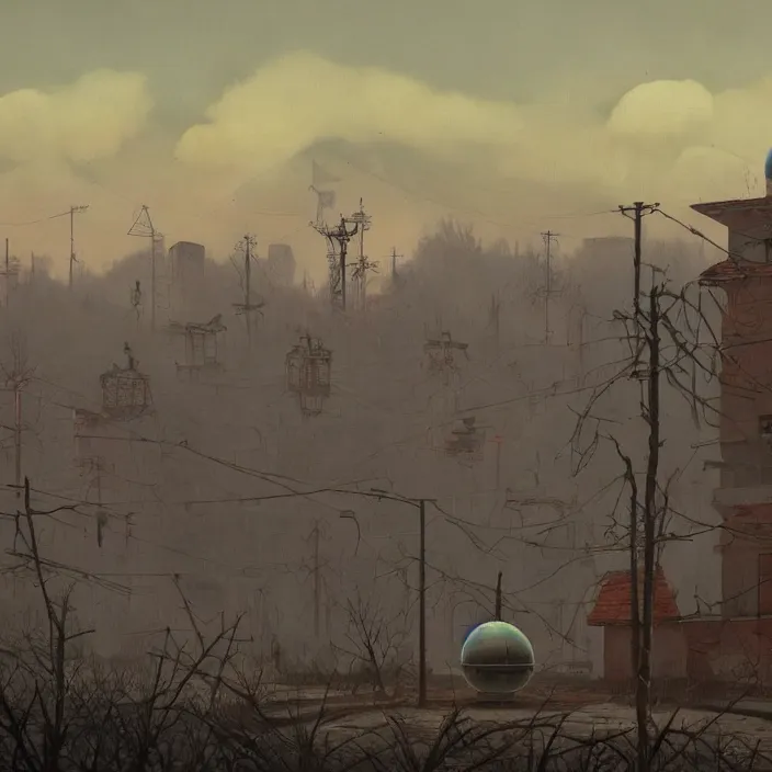 Image similar to a beautiful painting of old soviet village, robots, alien construction, by simon stalenhag and zdzisław beksinski and rene magritte and greg rutkowski, in style of digital art. hyper detailed, sharp focus, soft light. unreal engine 5. ray tracing. trending on artstation