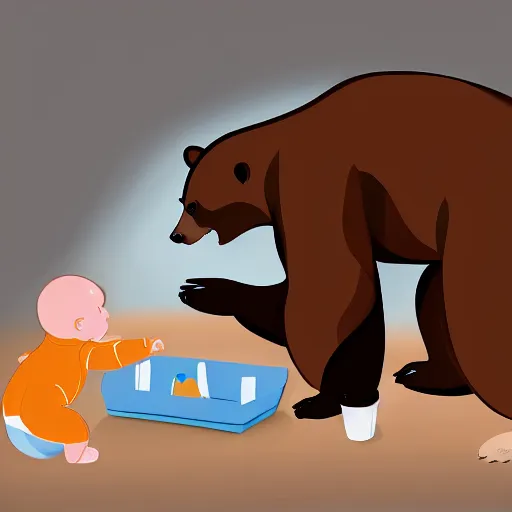 Image similar to drawing of a bear playing with a baby human doll. digital art. high quality. high fidelity