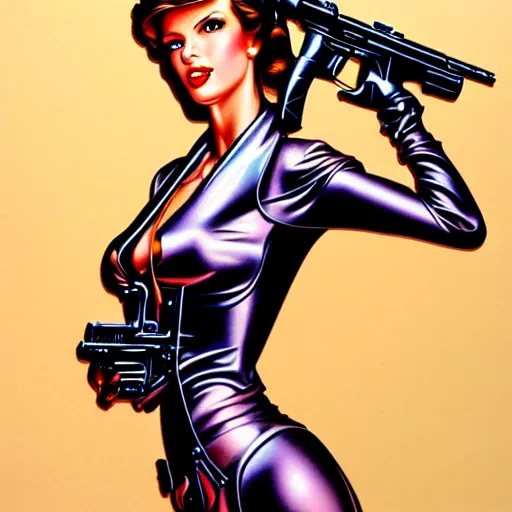 Image similar to mal watson chic lady holding a gun, 1 9 8 0's art, airbrush style, art by hajime sorayama,, intricate, elegant, sharp focus, illustration, highly detailed, h 6 4 0