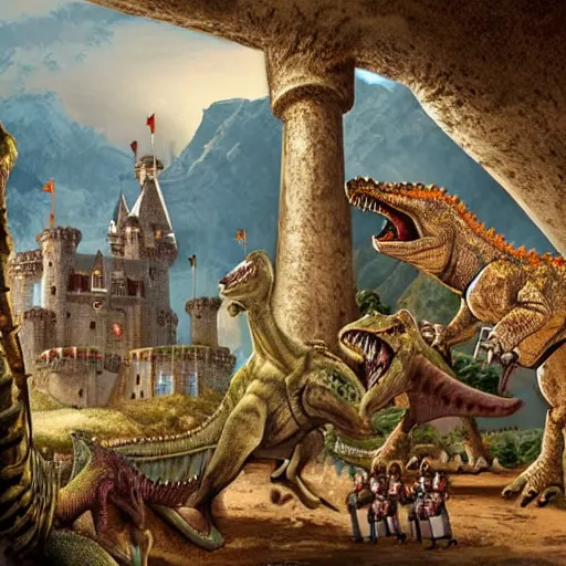 Prompt: A castle with knights on dinosaurs, high detail