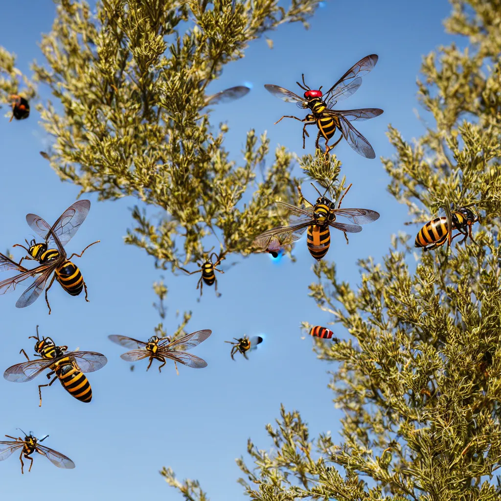 Prompt: biomimetic dronecraft flying over a food forest, killing wasps with a laser in the australian desert, XF IQ4, 150MP, 50mm, F1.4, ISO 200, 1/160s, natural light