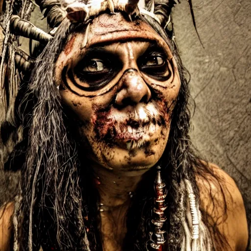 Image similar to a photo of tribal shaman horror faces of sacrament of the death