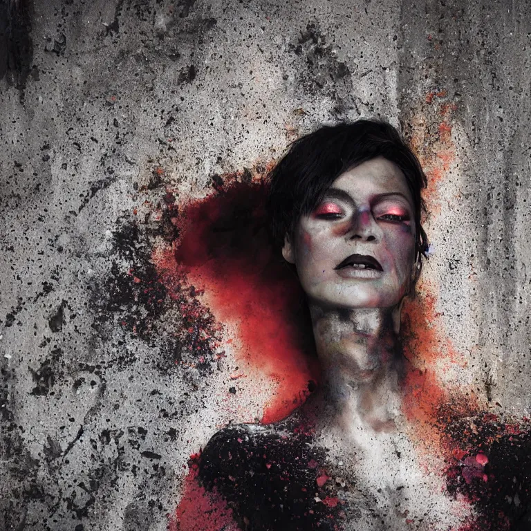 Image similar to wide angle octane render by wayne barlow and carlo crivelli and glenn fabry, the face of a woman with dramatic colorful shimmering makeup breaking through the cement wall of a brutalist government building, cinema 4 d, ray traced lighting, very short depth of field, bokeh