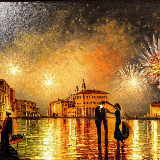 Image similar to an oil painting of couple kissing, in a background fireworks in venice