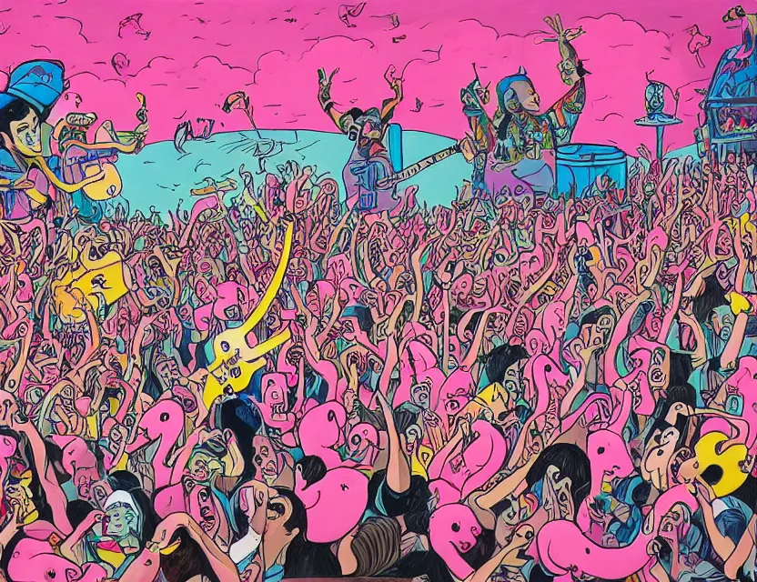 Prompt: a painting of a concert by bananas playing death metal while the public are pink elephants in the sky in the style of artist James Jean