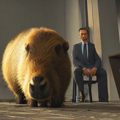 Image similar to a high quality photo of an antropomorphic capybara wearing a suit, 3d scene, render, ultra realistic, Greg Rutkowski, artstation, cgsociety, unreal engine