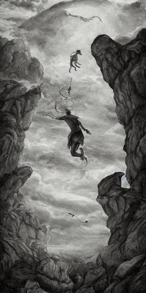 Image similar to The Fool tarot illustration, matte painting, black and white, small dog chasing after him, cliffs