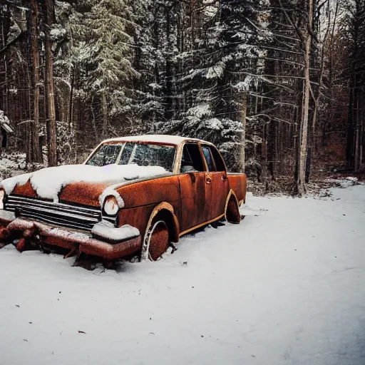 Image similar to rusty sedan in winter forest