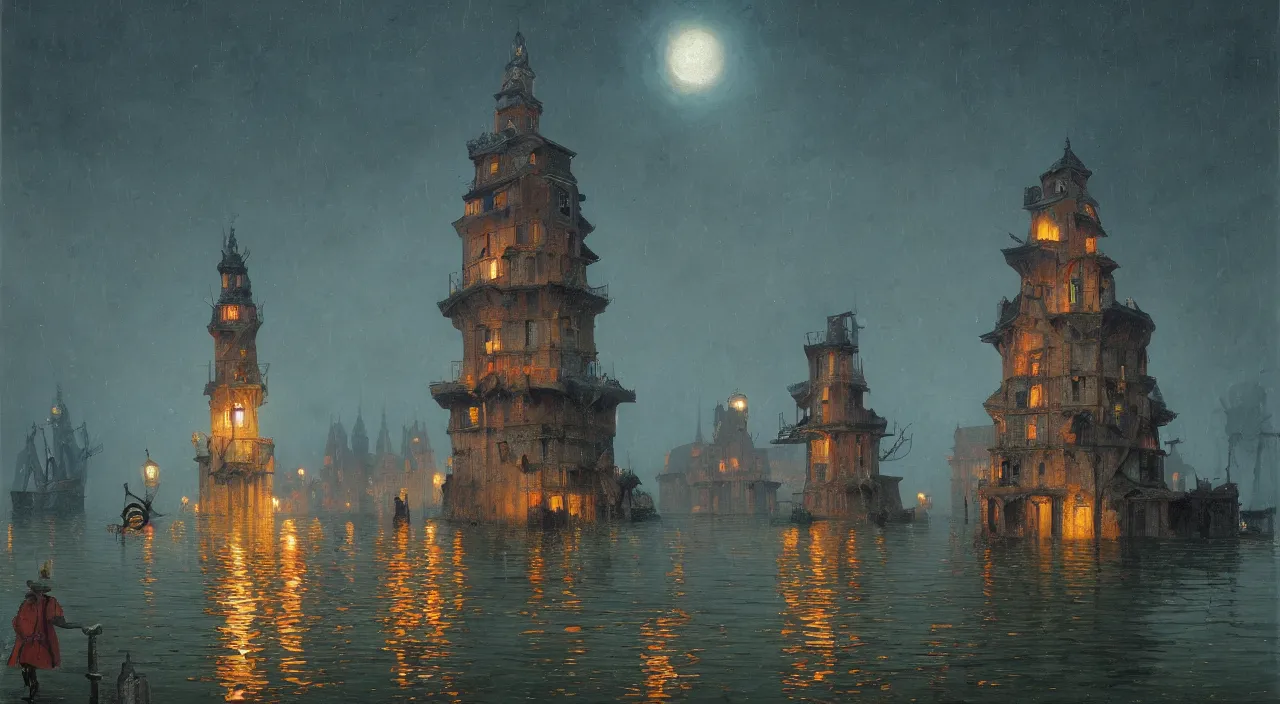 Prompt: an oil painting of a flooded coral salt tower at night by miyazaki simon stalenhag carl spitzweg jan van eyck audubon rene magritte max ernst, full-length view, highly detailed, vibrant colors, extremely high contrast!, symmetry, great composition, high detail, cinematic lighting, award winning masterpiece, trending on artstation