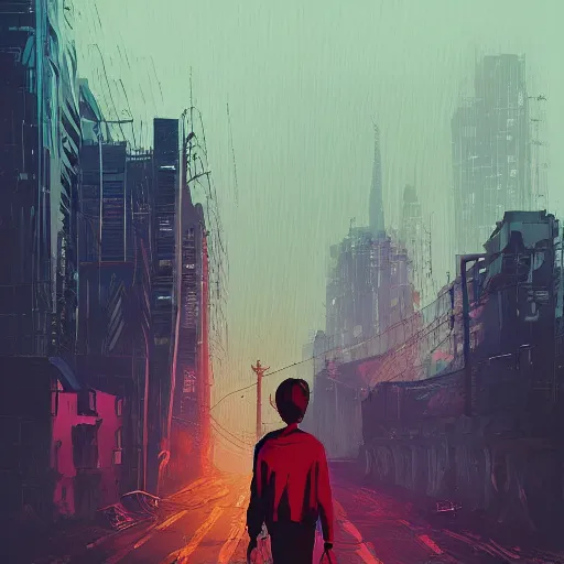 Image similar to teen boy, apocalyptic city in the background, apocalypse, highly detailed, artstation, by alena aenami