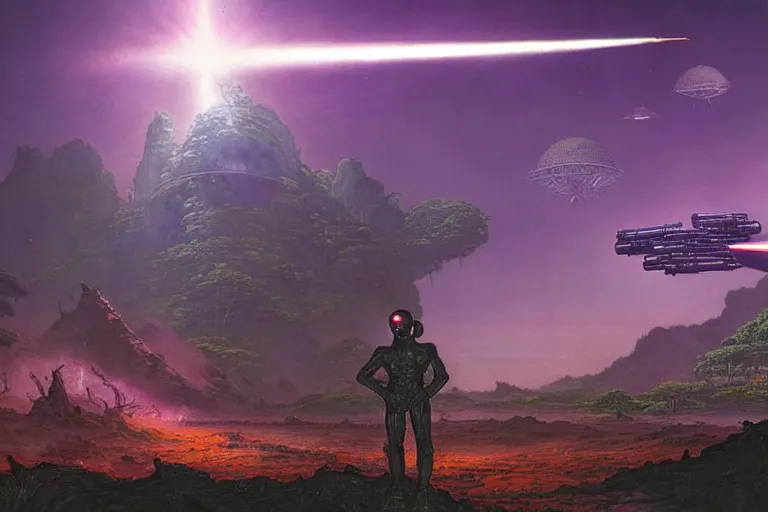 Image similar to Epic science fiction landscape of an alien jungle. In the foreground is futuristic anti-air artillery firing into the sky, in the background an alien spaceship is escaping. An officer stands next to the artillery pointing upwards. Stunning lighting, sharp focus, extremely detailed intricate painting inspired by Mark Brooks and by Moebius