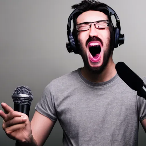 Image similar to a youtuber screaming into the microphone, having a mental breakdown