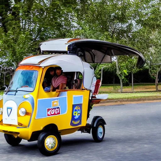 Image similar to a flying tuk tuk