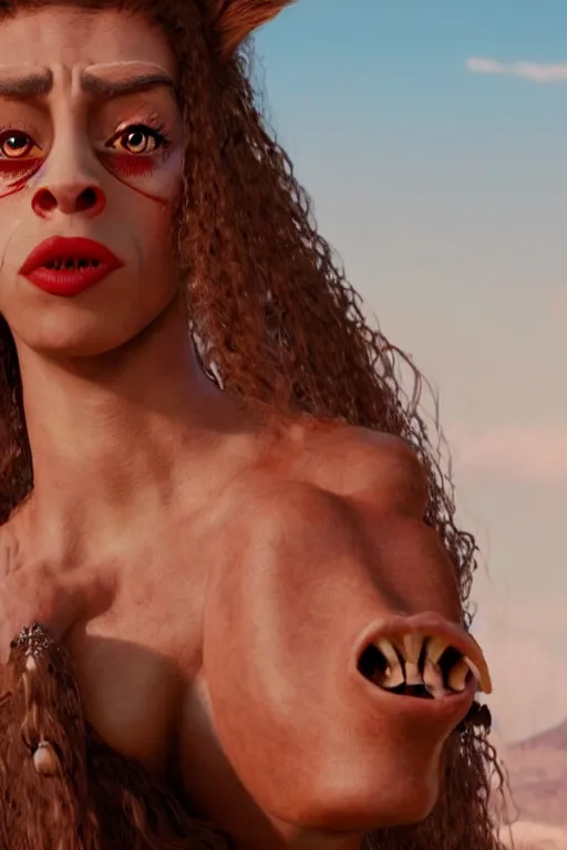 Prompt: film still of jar jar binks as a female cowgirl, long eyeslashes, big juicy lips, big seductive eyes, dramatic cinematic lighting, dolce & gabbana campaign, shot by mario testino, realistic vfx simulation, wavy red hair blowing in the wind 4 k