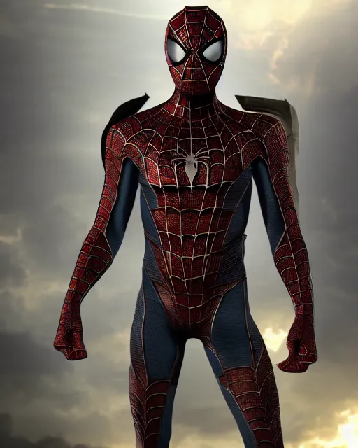 Image similar to super detailed photo realistic brute armor designed at horizon labs to help protect peter after the loss of his spider - sense, black and yellow spiderman suit