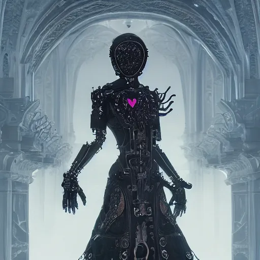 Prompt: female robots with heart organ, dressed in intricate gothic futuristic veils and jewels, epic environment, matte painting, diffused lighting, highly detailed, cinematic, epic atmosphere, digital art, trending on artstation, wide angle