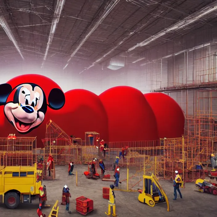 Image similar to crew of workers in red overalls building giant mickey mouse head in warehouse, octane render, 4 k ultra hd, hyper - detailed, realistic, low lighting, sharp focus, in style of beeple