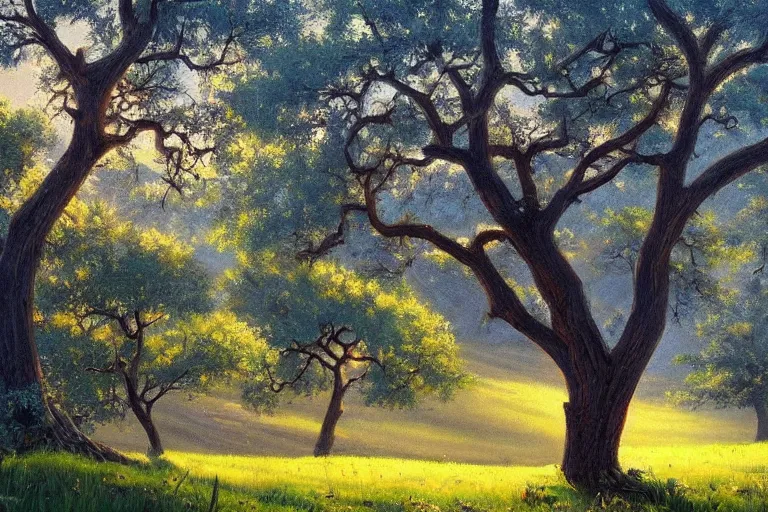 Prompt: masterpiece painting of oak trees on a hillside overlooking a creek, dramatic lighting, by sylvain sarrailh