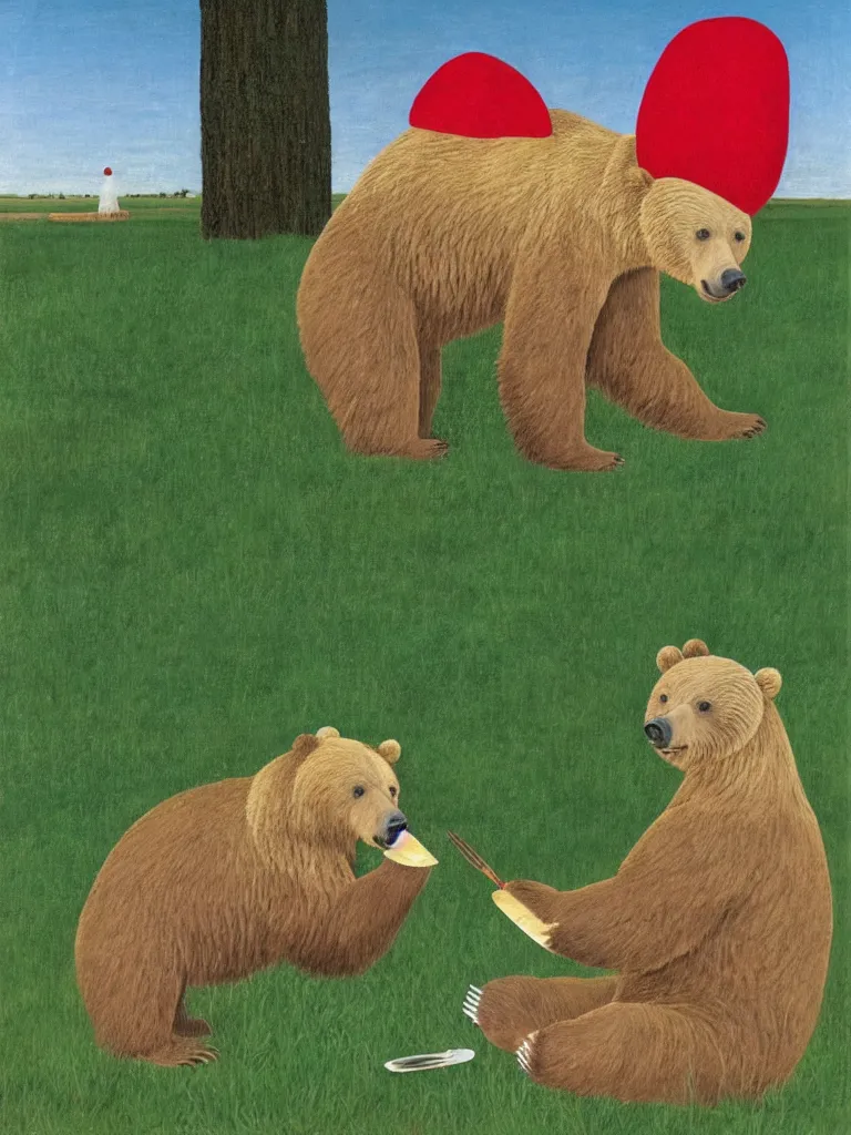 Image similar to A grizzly bear wearing a bright red hat sitting upright while eating a slice of cake outside in a lush green field, pastel colors, long shadows. Painting by Alex Colville, Piero della Francesca