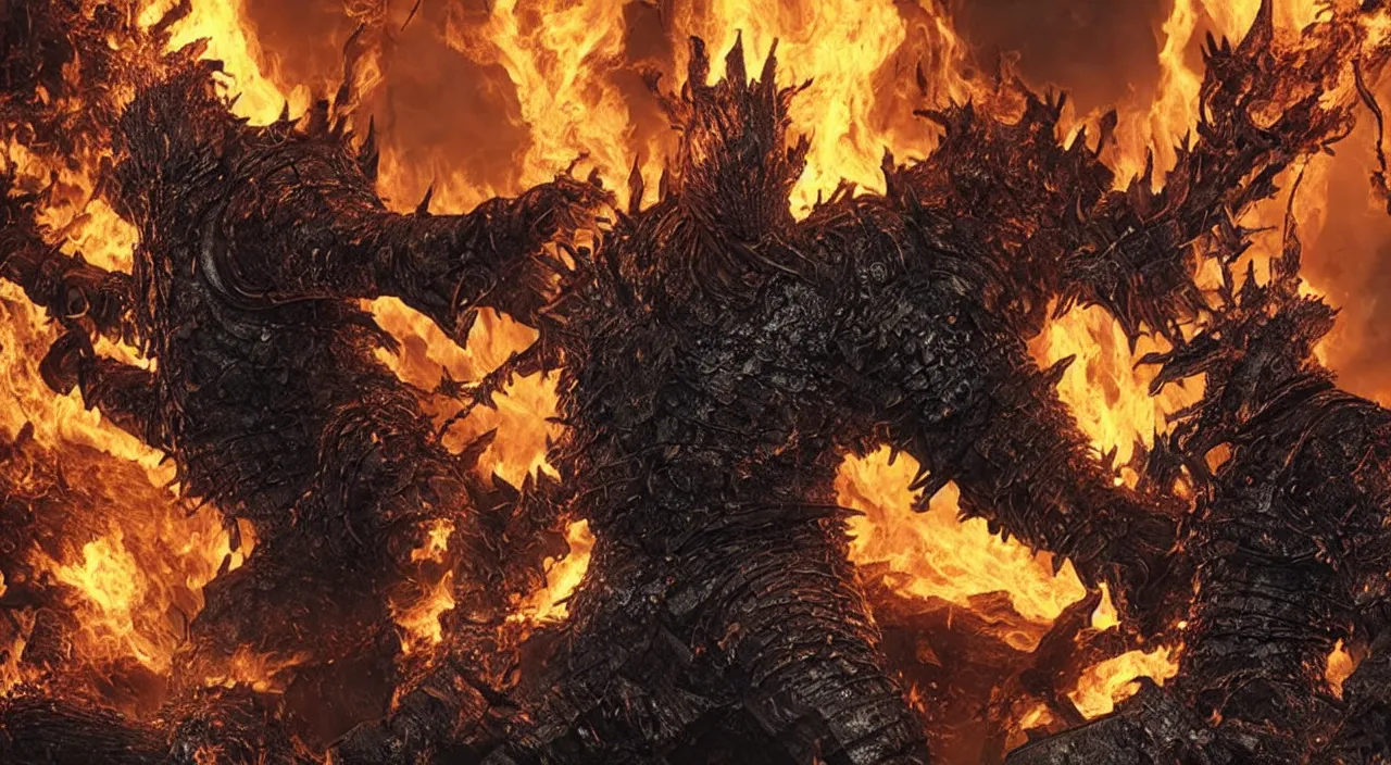 Prompt: A Dark Souls boss in a fallen kingdom with fire and thunder, highly detailed, hyper realistic