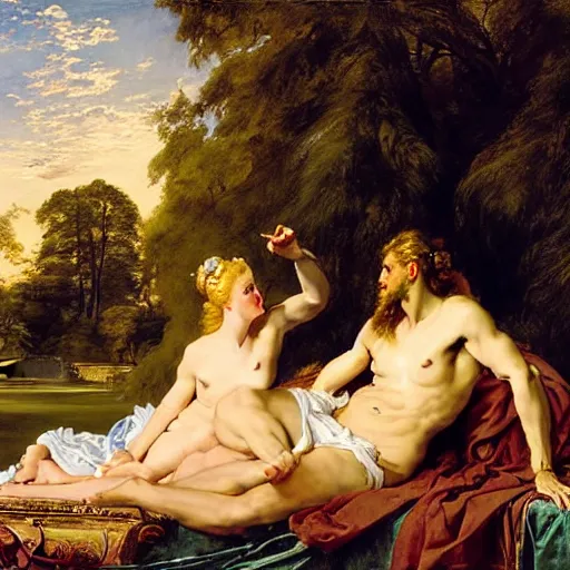 Prompt: beautiful painting of Apollo and Ganymede with long curly blond hair, wearing wispy silken gossamer robes, in the imperial palace at golden hour, relaxing, by Peter Paul Rubens and Norman Rockwell