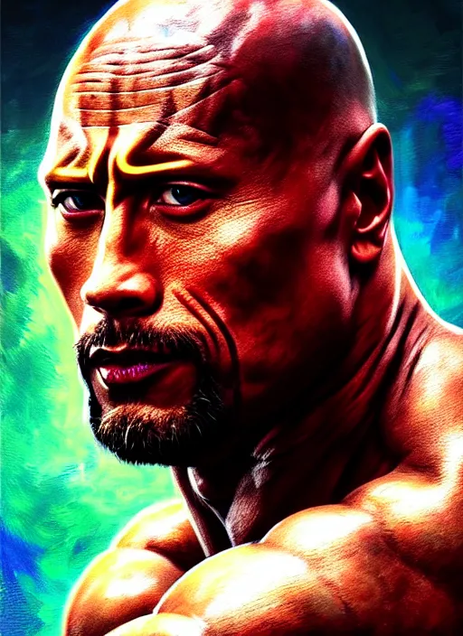 Image similar to portrait of dwayne johnson, hyper detailed ultra sharp aztec shaman warrior. trending on artstation, warpaint aesthetic, bloodwave, colorful, psychedelic, ornate, intricate, digital painting, concept art, smooth, sharp focus, illustration, art by artgerm and greg rutkowski and h. r. giger, 8 k