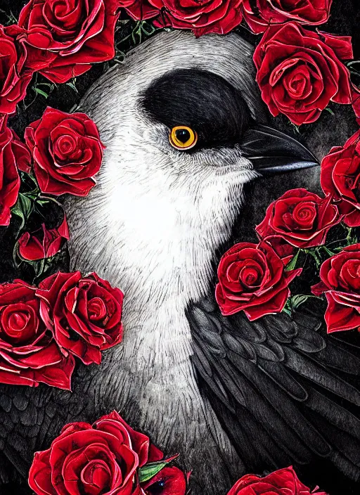 Image similar to portrait, A crow with red eyes in front of the full big moon, book cover, red roses, red white black colors, establishing shot, extremly high detail, foto realistic, cinematic lighting, pen and ink, intricate line drawings, by Yoshitaka Amano, Ruan Jia, Kentaro Miura, Artgerm, post processed, concept art, artstation, matte painting, style by eddie mendoza, raphael lacoste, alex ross