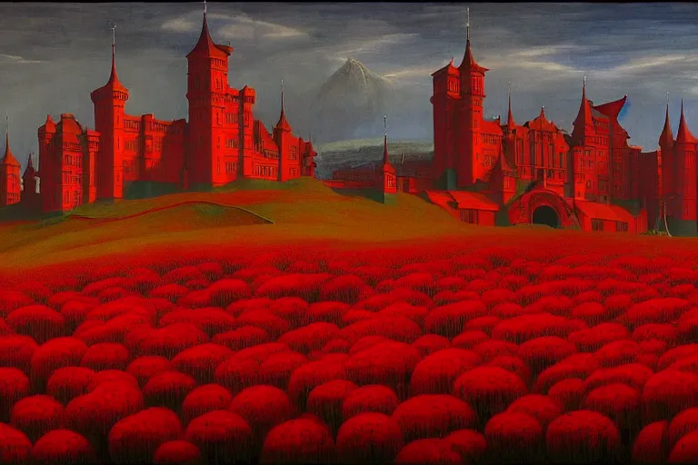 Image similar to only with red, red flowers of different types, red castle in background, red medieval goblins, in the style of beksinski, parts by edward hopper, parts by rodcenko, parts by yue minjun, intricate and epic composition, red by caravaggio, insanely quality, highly detailed, masterpiece, red light, artstation, 4 k