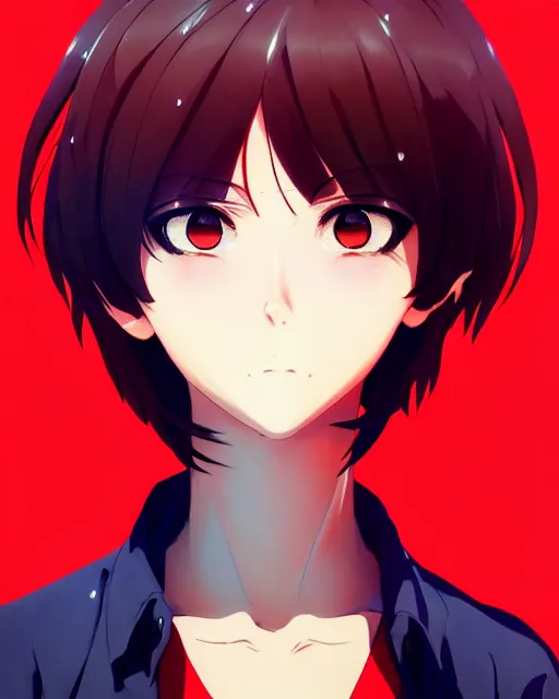 Prompt: beautiful anime woman, wearing full clothing red shirt brown pants, clockpunk, black and red hair hair, symmetrical face, symmetrical eyes, full round face, short smile, detailed, summer setting, cinematic lighting, makoto shinkai, artgerm, yoji shinkawa, ilya kuvshinov, loish