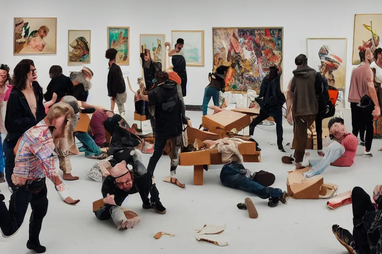 Image similar to a group of people cometely wrecking destructing crashing an art gallery