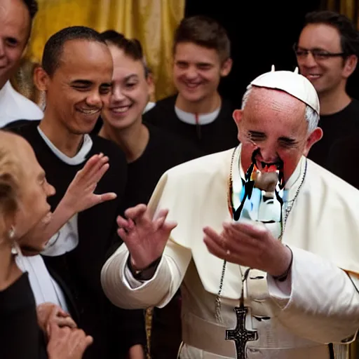 Prompt: the pope at a dj event dancing with wild fury, barack obaama laughing