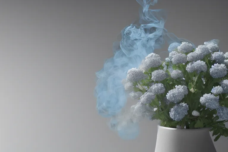 Image similar to blue, white, grey. smoke, flowers. 3 d render, octane, 8 k, high resolution, highly detailed, intricate