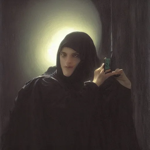 Image similar to artistic scene of a Death taking a selfie a black cloak, a rainbow in the dark, colorful, by Michael Whelan, William Adolphe Bouguereau, and Donato Giancola, highly rendered, beautiful, cyberpunk, moody lighting, glowing light and shadow, atmospheric, shadowy, cinematic, 8K