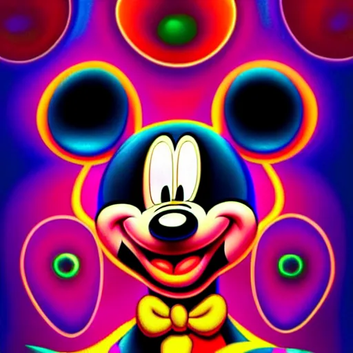 Prompt: an extremely psychedelic portrait of mickey mouse, surreal, lsd, face, detailed, intricate, elegant, lithe, highly detailed, digital painting, artstation, concept art, smooth, sharp focus, illustration