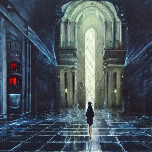 Image similar to scene, moment, beautiful woman, courtyard, capital, cybermosque interior, control panel, watcher, omniscient, tech noir, wet reflections, impressionism, matte painting, speed painting, chiaroscuro, oil on canvas