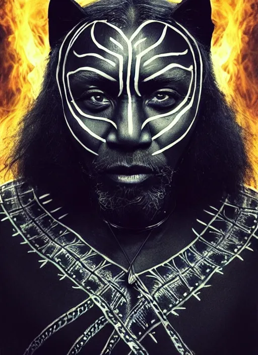 Prompt: photo of a gorgeous magic old shaman with a black panther, face painting, face in the style of stefan kostic, wild, thunders, fire, magic war, majestic, realistic, sharp focus, 8k high definition, insanely detailed, intricate, elegant, art by stanley lau and artgerm