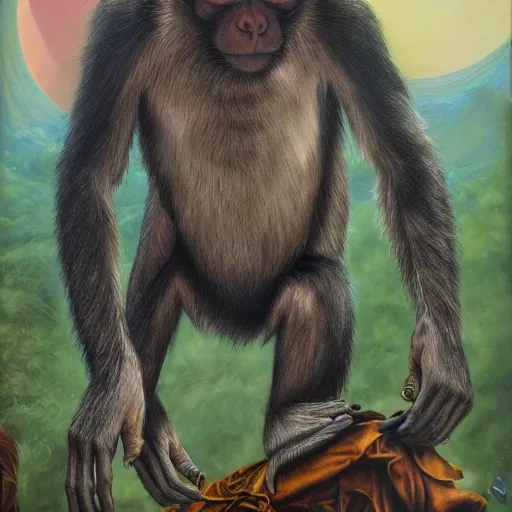 Prompt: A monkey at ozora festival by night, by Heather Theurer