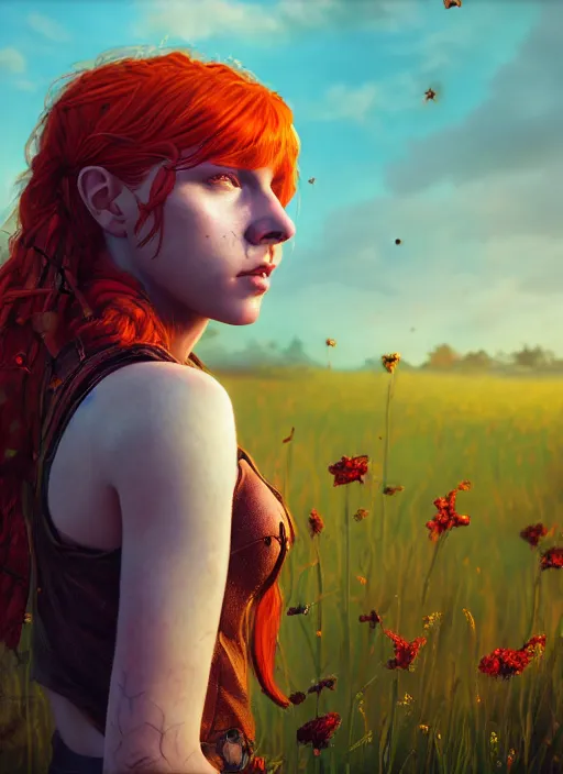 Prompt: An epic fantasy comic book style portrait painting of a young red headed girl with a golden bee tattoo on her shoulder in a field of flowers , unreal 5, DAZ, hyperrealistic, octane render, cosplay, RPG portrait, dynamic lighting