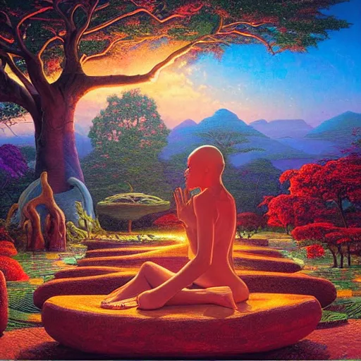 Prompt: a stunning aftican woman with a red glow meditating in an african zen garden with a baobab tree at sunset, by dan mumford and thomas kinkade and thomas blackshear, oil on canvas