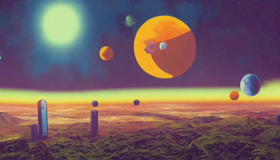 Image similar to hexagons launching from earth to the sun, planet earth in foreground, simon stalenhag