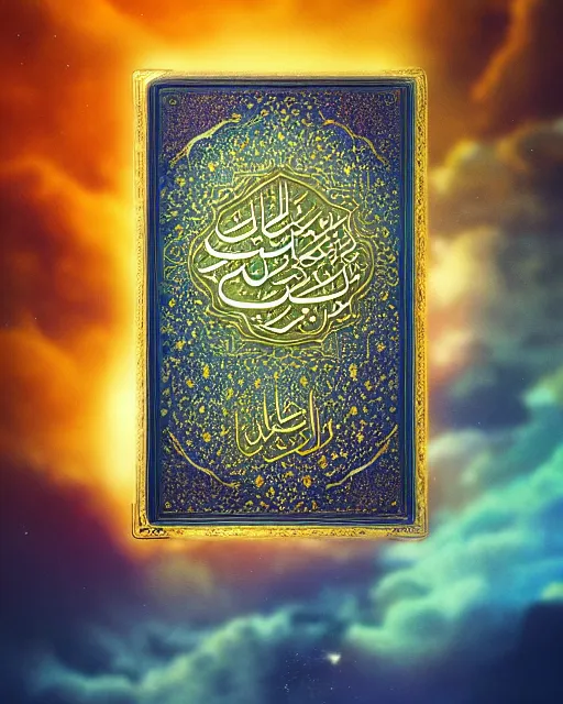 Image similar to the quran descending from the galaxy into clouds highly detailed, gold filigree, romantic storybook fantasy, soft cinematic lighting, award, pastel color palette, featured on artstation, digital art