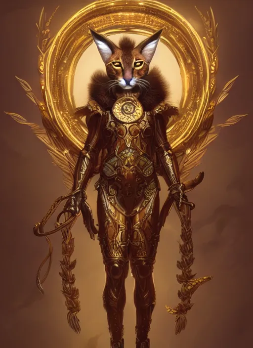 Image similar to cute caracal as apollo ancient god, golden wreath, details, fantasy, cyberpunk city, intricate, decadent, highly detailed, octane render, digital painting, artstation, concept art, sharp focus, illustration, art by artgerm, loish, wlop